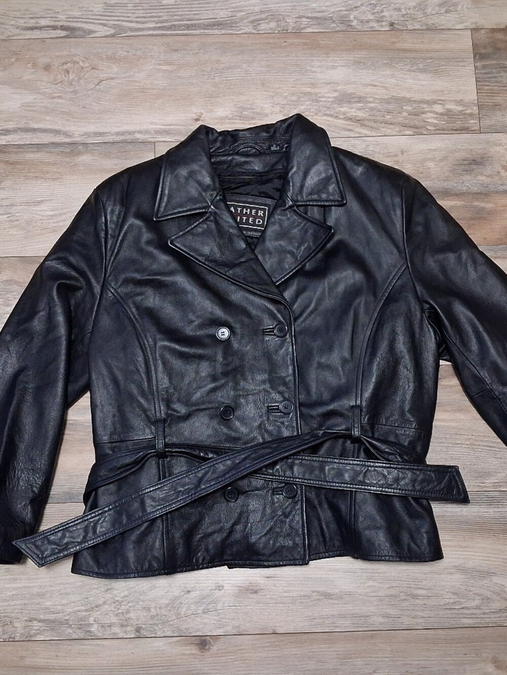 Women's Black Double-Breasted Leather Jacket with Belt Leather Limited Size XL